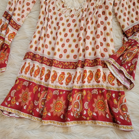 Tassels Lace Dress Cream Orange Paisley Boho Long Sleeve Crochet Peasant Neck S - Picture 5 of 10